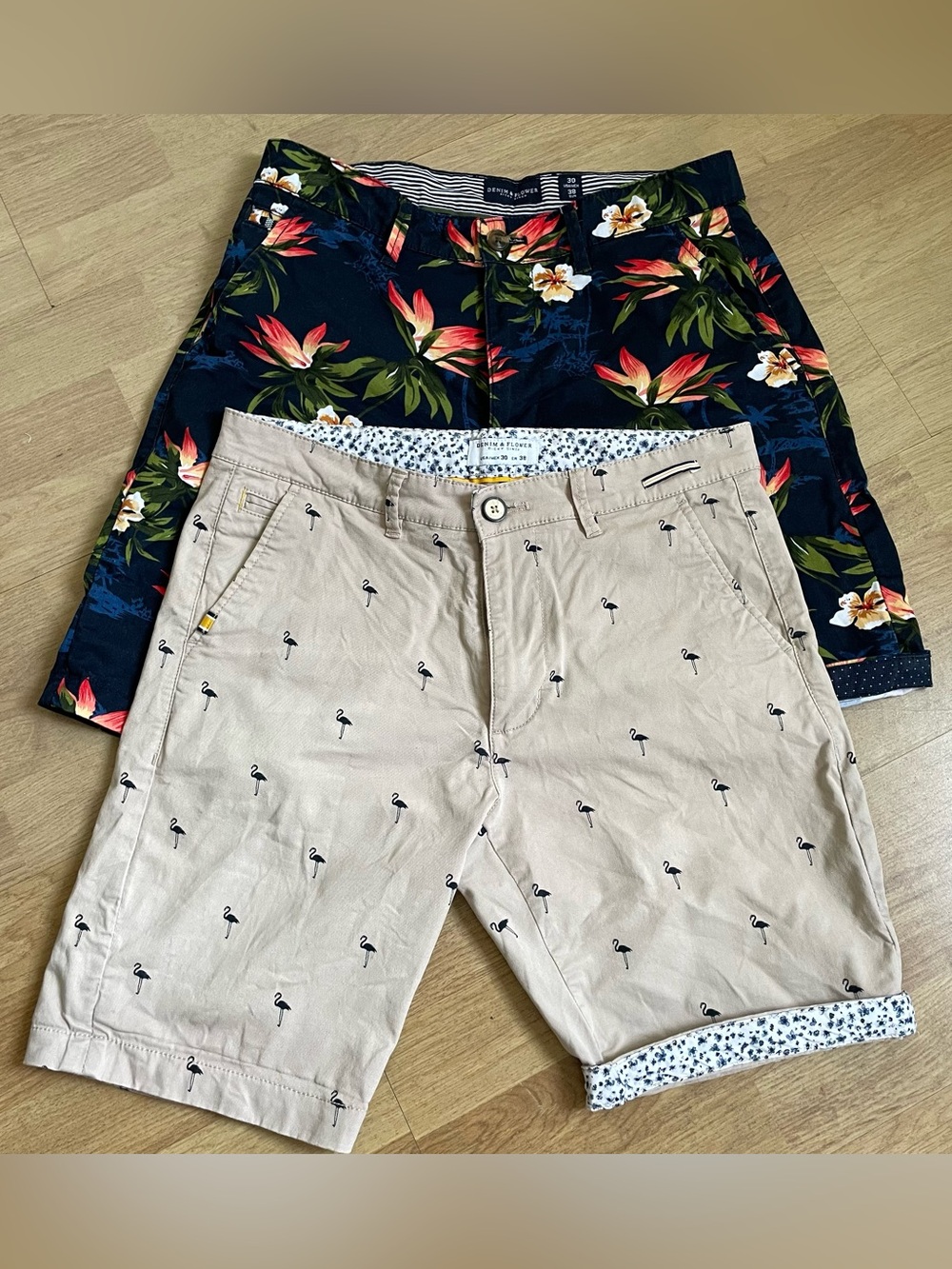 Men’s Denim & Flower Shorts Bundle Size 30 Tropical Floral & Flamingo